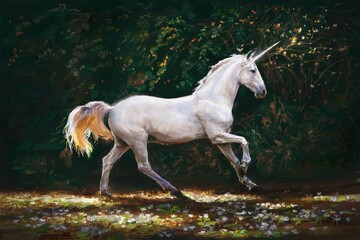 Naklejka na ściany i meble Galloping Magical Unicorn in Sunlit Forest Glade