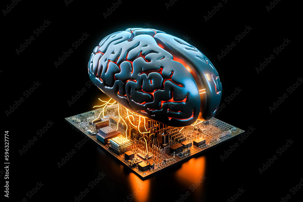 Poster ai chipset with human brain on computer circuit board. artificial intelligence, data mining, and dee
