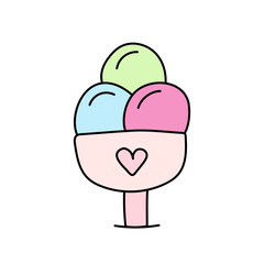 Ice cream icon. Colorful ice cream in a glass. Three scoops of ice cream in different colors. Vector illustration in doodle style. Suitable for web apps, mobile apps and print media.