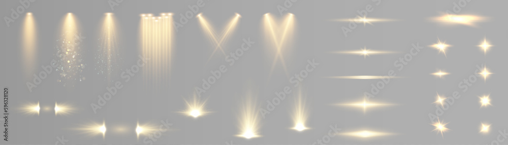 Aufkleber Set of gold spotlights isolated on transparent background. Vector glowing light effect with golden beams and beams.