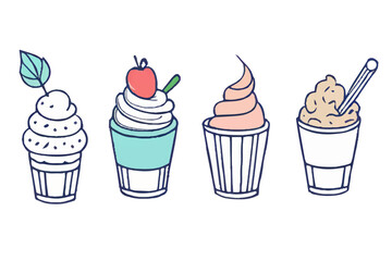 Set of cups with ice cream. Vector illustration. Yummy drinks, coffees and soft drinks with doodle style advertisement banner.