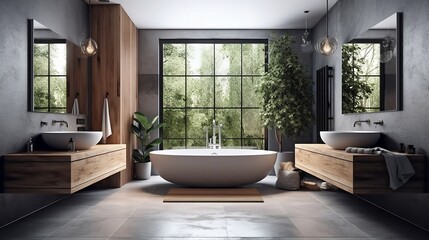 Fototapeta premium Interior of stylish bathroom with comfortable white bathtub and large window. Generative AI