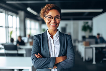 Attractive and confident business woman smiling and standing in modern office - theme power woman, colleagues or boss - Generative AI