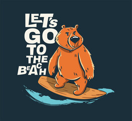 Bear surfer cool summer t-shirt print. Wild animal ride surfboard on big wave. Slogan. Beach funny child wear illustration. Tropical sea surf sport kids typography fashion