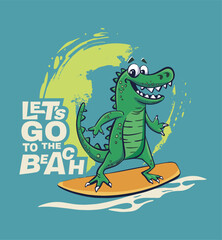 Crocodile surfer cool summer t-shirt print. African animal ride surfboard on wave. Slogan. Dinosaur beach funny child wear illustration. Tropical sea surf sport kids typography fashion - 596328932