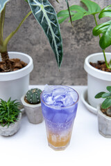 Butterfly pea flower juice with honey and lemon soda on white table