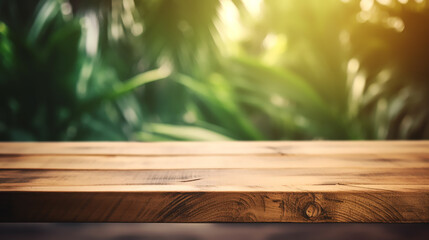 An empty wooden counter table top for product display showcase stage in a summer and palm leaves tropical background. Generative AI