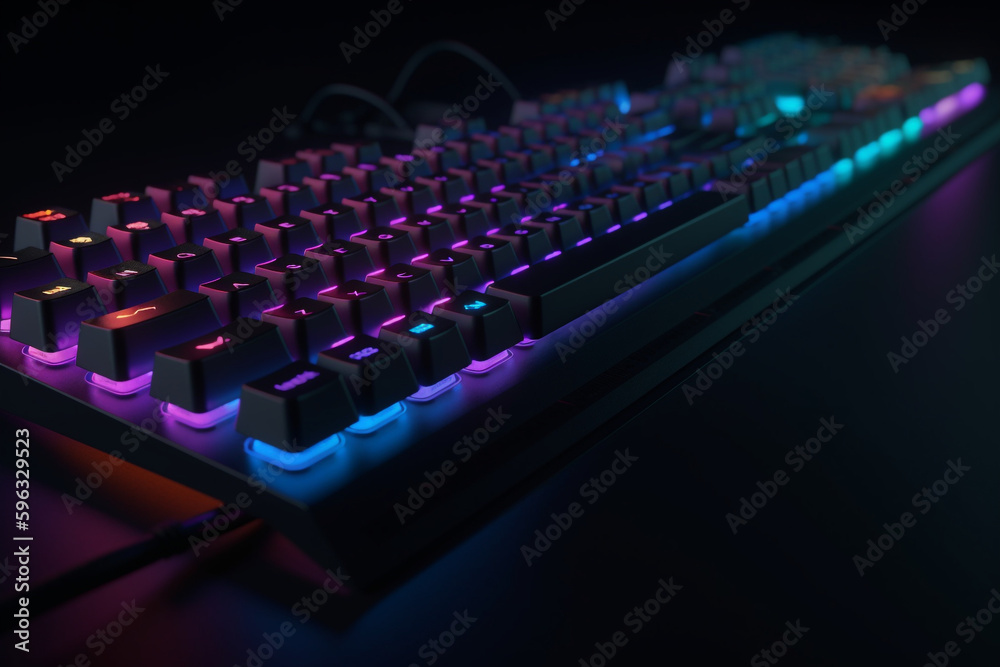 Poster high-tech computer keyboard with rgb lighting, generative ai