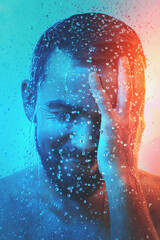 Fototapeta premium Portrait of handsome man under shower in blue and orange light