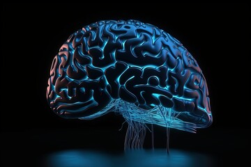 Brain illustration, blue neon light, black background, creativity concept. Generative AI