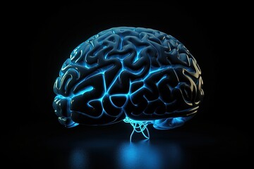 Brain illustration, blue neon light, black background, creativity concept. Generative AI