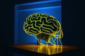 Brain illustration, yellow neon light, blue background, creativity concept. Generative AI