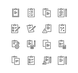Set of clipboard related icons, contact, checklist, form, petition and linear variety vectors.