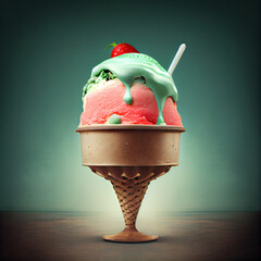 Illustration of watermelon ice cream with watermelon slices in a waffle cone. The concept of natural sweets. A popular summer refreshing treat. Generated by artificial intelligence