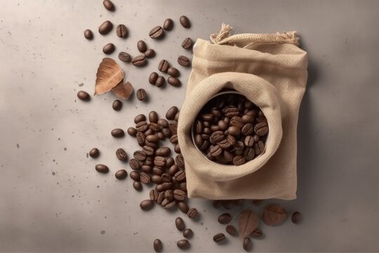 Illustration of scattered coffee beans and burlap sack, background. Generative AI