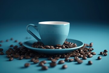 Illustration of coffee cup and scattered coffee beans, blue background. Generative AI
