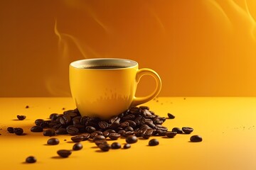 Illustration of coffee cup and scattered coffee beans, yellow background. Generative AI