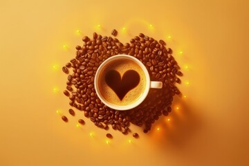 Illustration of coffee cup and scattered coffee beans, yellow background. Generative AI