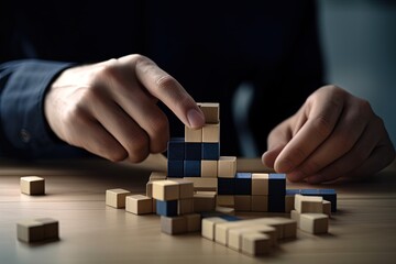 Naklejka premium Hand and wooden blocks, business concept, digital illustration. Generative AI