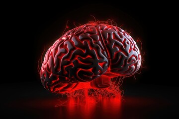 Brain illustration, red neon light, black background, creativity concept. Generative AI