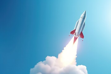 Naklejka na ściany i meble Digital illustration of rocket taking off releasing smoke on blue background. Generative AI