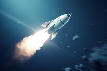 Fototapeta premium Digital illustration of rocket taking off releasing smoke on blue background. Generative AI