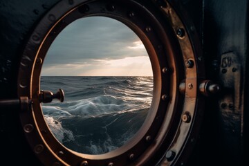 A metal porthole with water visible in the background. Generative AI
