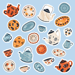 Cartoon retro kitchen collection with ceramic and porcelain teapot and mug for afternoon tea, kettle and coffee pot sticker. Cute vintage tableware stickers set vector illustration