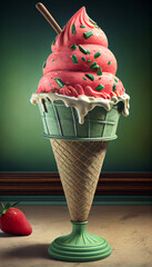 Illustration of watermelon ice cream with watermelon slices in a waffle cone. The concept of natural sweets. A popular summer refreshing treat. Generated by artificial intelligence