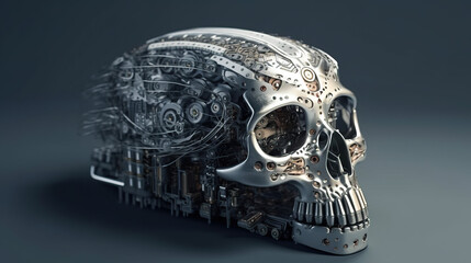 Sci-fi steampunk skull with cogs and wheels. steampunk brain, futuristic skull. Created with Generative AI 