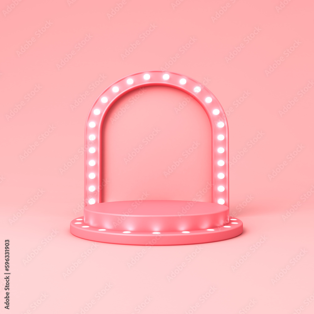 Leinwandbilder blank pink podium pedestal with spotlight and retro neon light bulbs or blank product display platfo