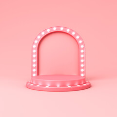 Blank pink podium pedestal with spotlight and retro neon light bulbs or blank product display platform isolated on pink pastel color background with shadow minimal conceptual 3D rendering