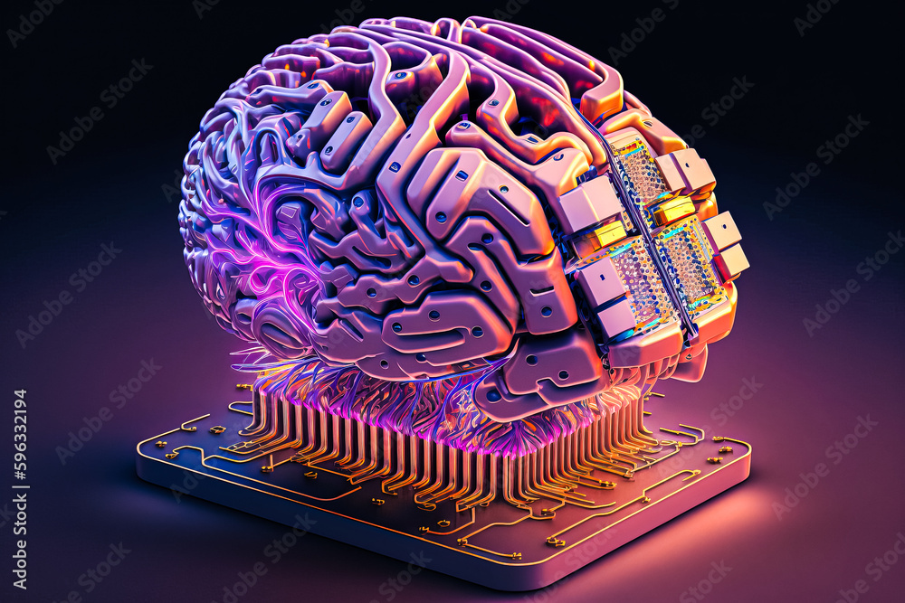 Poster ai chipset with human brain on computer circuit board. artificial intelligence, data mining, and dee
