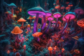 Psychedelic mushroom forest with bright colors. Generative AI