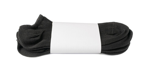 New Black Cotton Sock Isolated. Folded Sportswear, Classic Unisex Cotton Socks on White Background