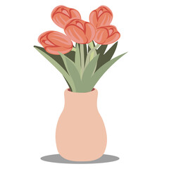 isolated vase with tulips in vector.design element in flat style.object for design.flowers in vase.template for scene creation.