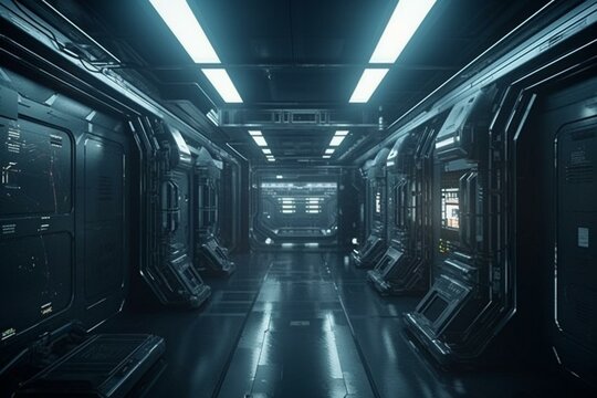 Sci-fi light glowing dim space station corridor with glimpse of cosmos. Alien ship star gate, metal floor, light panel, gloomy background. Generative AI