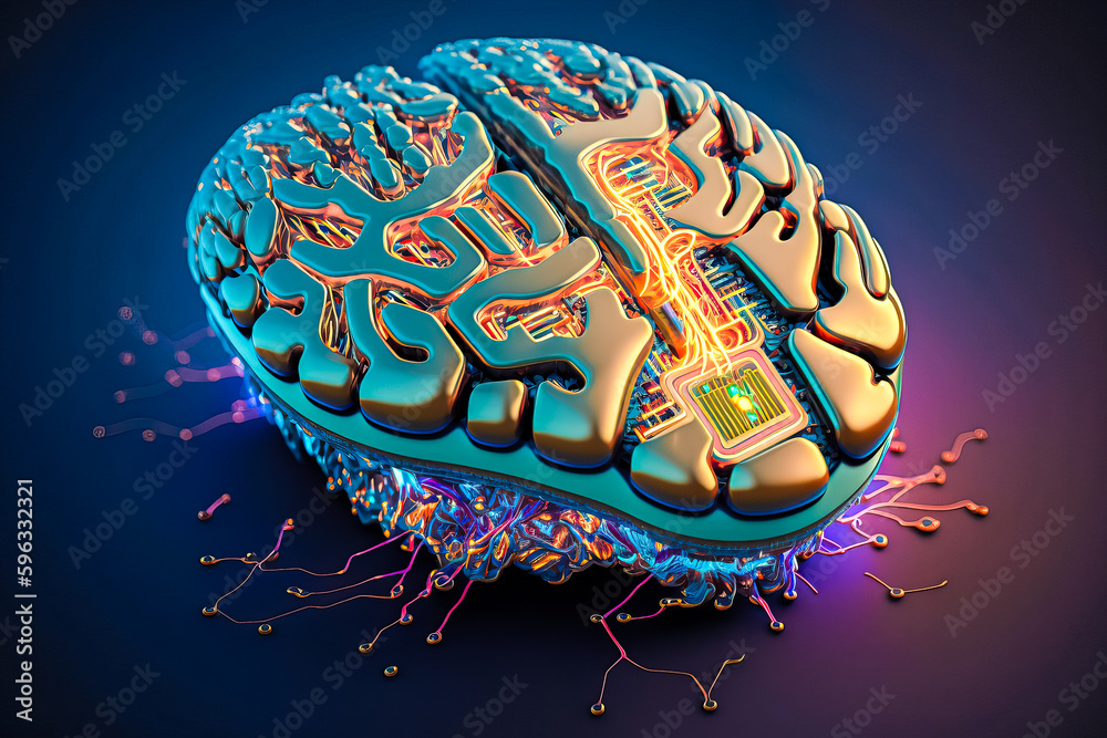 Poster ai chipset with human brain on computer circuit board. artificial intelligence, data mining, and dee
