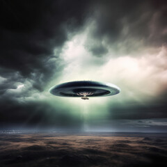 Obraz na płótnie Canvas UFO, alien spaceships in the clouds in the sky. Saucers with bright illumination and vertical beam, unidentified flying objects, realistic illustration. Generative AI