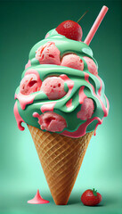 Illustration of watermelon ice cream with watermelon slices in a waffle cone. The concept of natural sweets. A popular summer refreshing treat. Generated by artificial intelligence