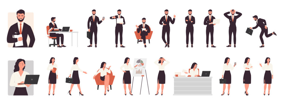 Cartoon Isolated Busy Businessman And Businesswoman In Office Outfit, Corporate Managers Working And Talking Phone, Running With Briefcase And Walking. Business People Pose Set Vector Illustration.