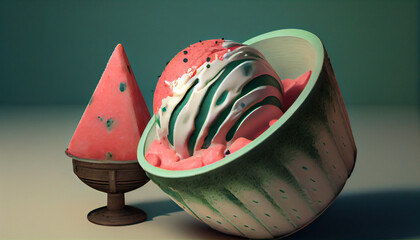 Illustration of watermelon ice cream with watermelon slices in a waffle cone. The concept of natural sweets. A popular summer refreshing treat. Generated by artificial intelligence