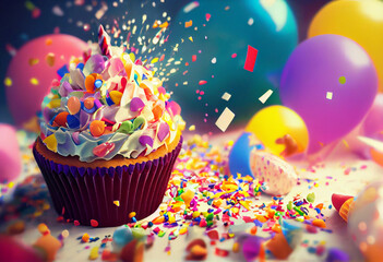 Colorful cupcake with confetti and balloons background. Happy birthday, Congratulations, Surprise, Banner. Generative AI