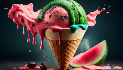 Illustration of watermelon ice cream with watermelon slices in a waffle cone. The concept of natural sweets. A popular summer refreshing treat. Generated by artificial intelligence