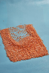Lens culinaris is scientific name of Turkish Red Lentil legume. Also known as Lentilha Vermelha (portuguese). Top view of grains in a glass. White and blue background.