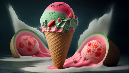 Illustration of watermelon ice cream with watermelon slices in a waffle cone. The concept of natural sweets. A popular summer refreshing treat. Generated by artificial intelligence