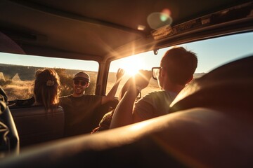 Young people Traveling on a road trip with sun reflection