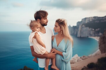 A family with parents holding their kids in vacation with landscape background