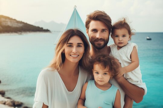 A family with parents holding their kids in vacation with landscape background