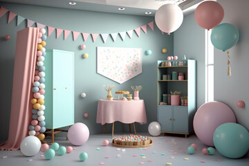 Birthday party decoration, birthday cake, candle and balloons, decorated kids room interior. Generative AI